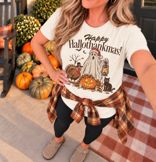 Ghost Santa Happy Hallothankmas Ivory Tee **FINAL SALE**