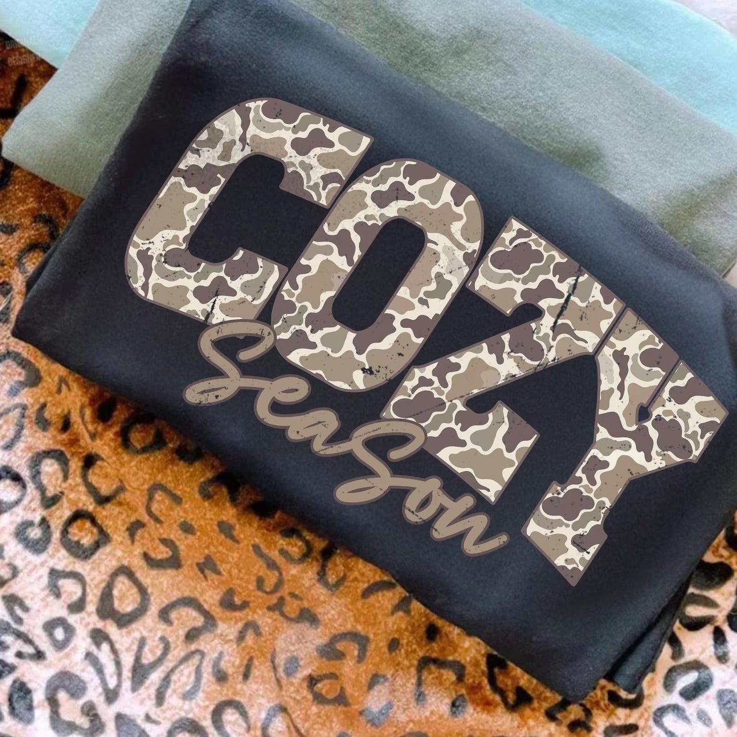 Distressed Camo Cozy Season Black Tee