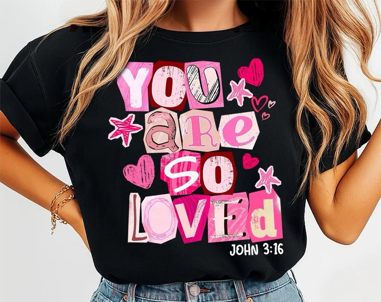 White Ink You Are So Loved John 3:16 Black Tee