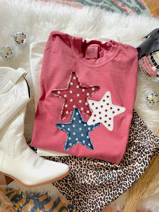 Faux Patchwork Triple Stars Crimson Tee