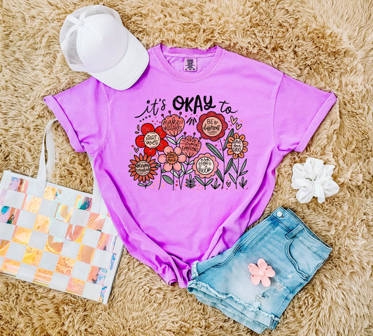 Black Ink It Is Okay Floral Sayings Neon Violet Tee