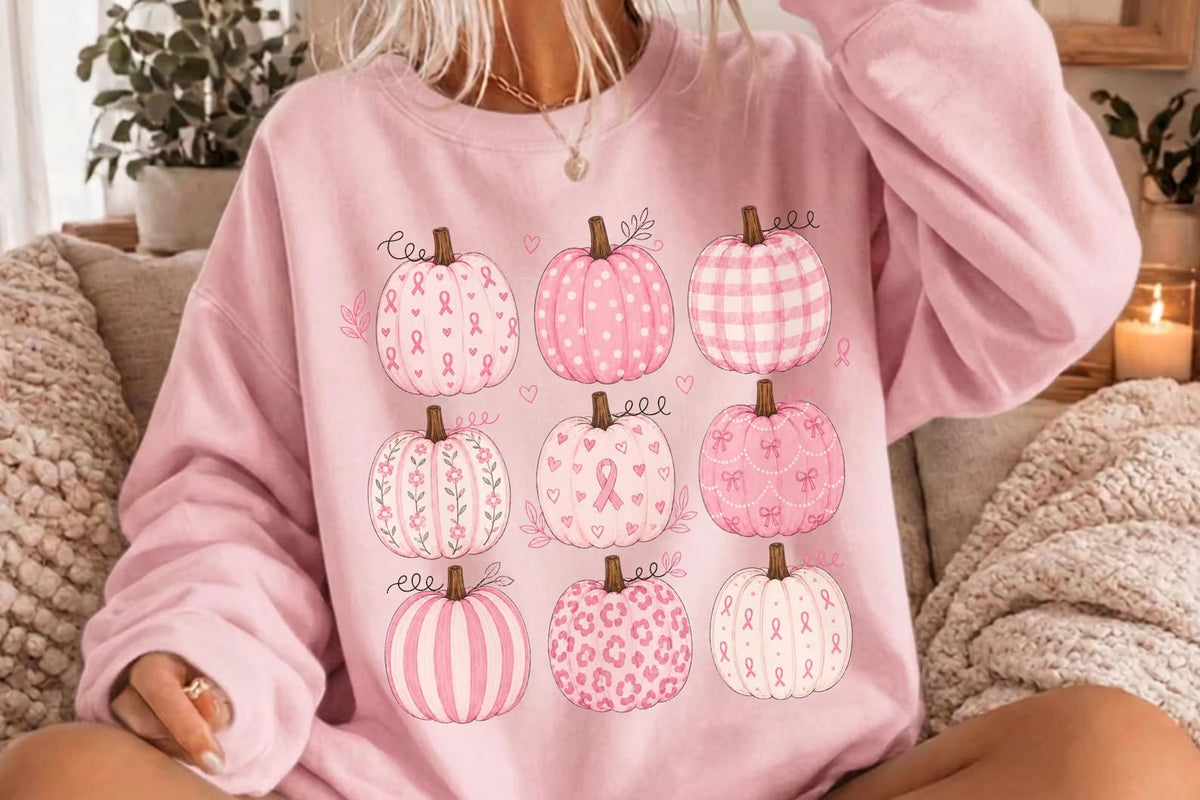 Multi Pumpkin Pink Ribbon Light Pink Sweatshirt