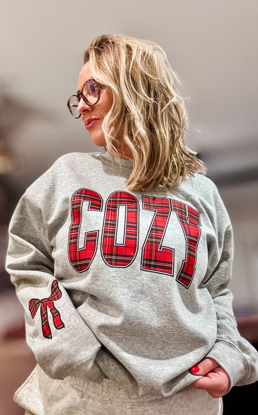 Plaid Cozy & Plaid Sleeve Ribbon Bow Sports Grey Sweatshirt