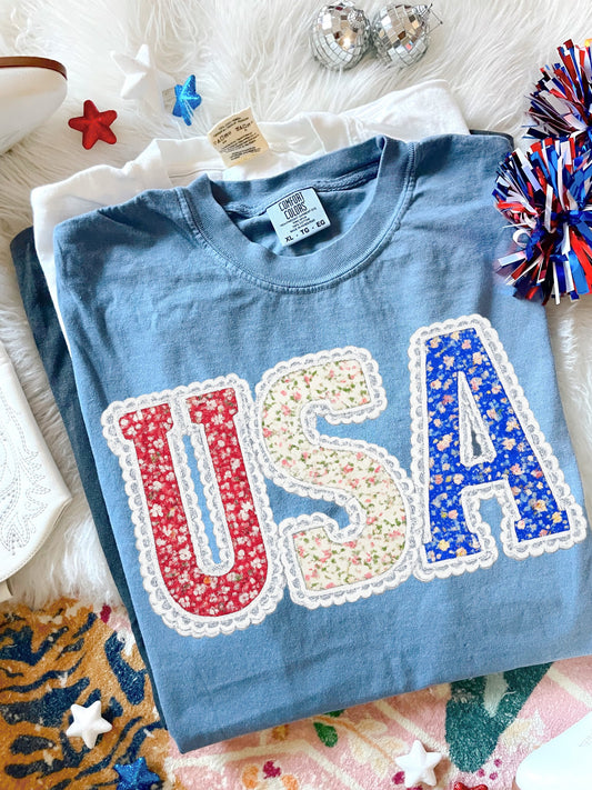 **DEAL OF THE DAY** Faux Lace Floral USA Washed Denim Tee