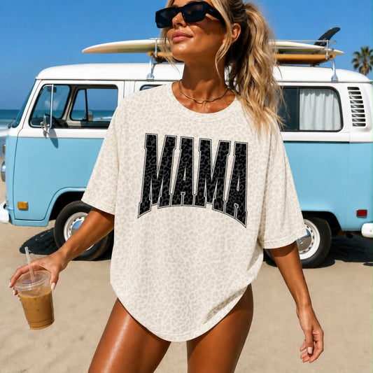 Varsity Letters Black Leopard Mama Natural Leopard Tee