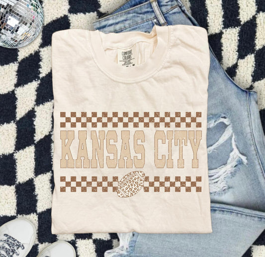 **HALFTIME DEAL** Brown Checkered Kansas City Football Ivory Tee