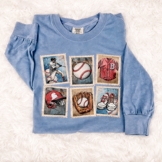 Baseball Stamps Blue Jean Long Sleeve Tee