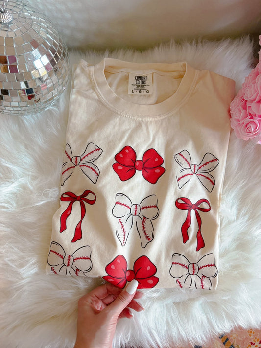 Baseball & Ribbon Bows Collage Ivory Tee