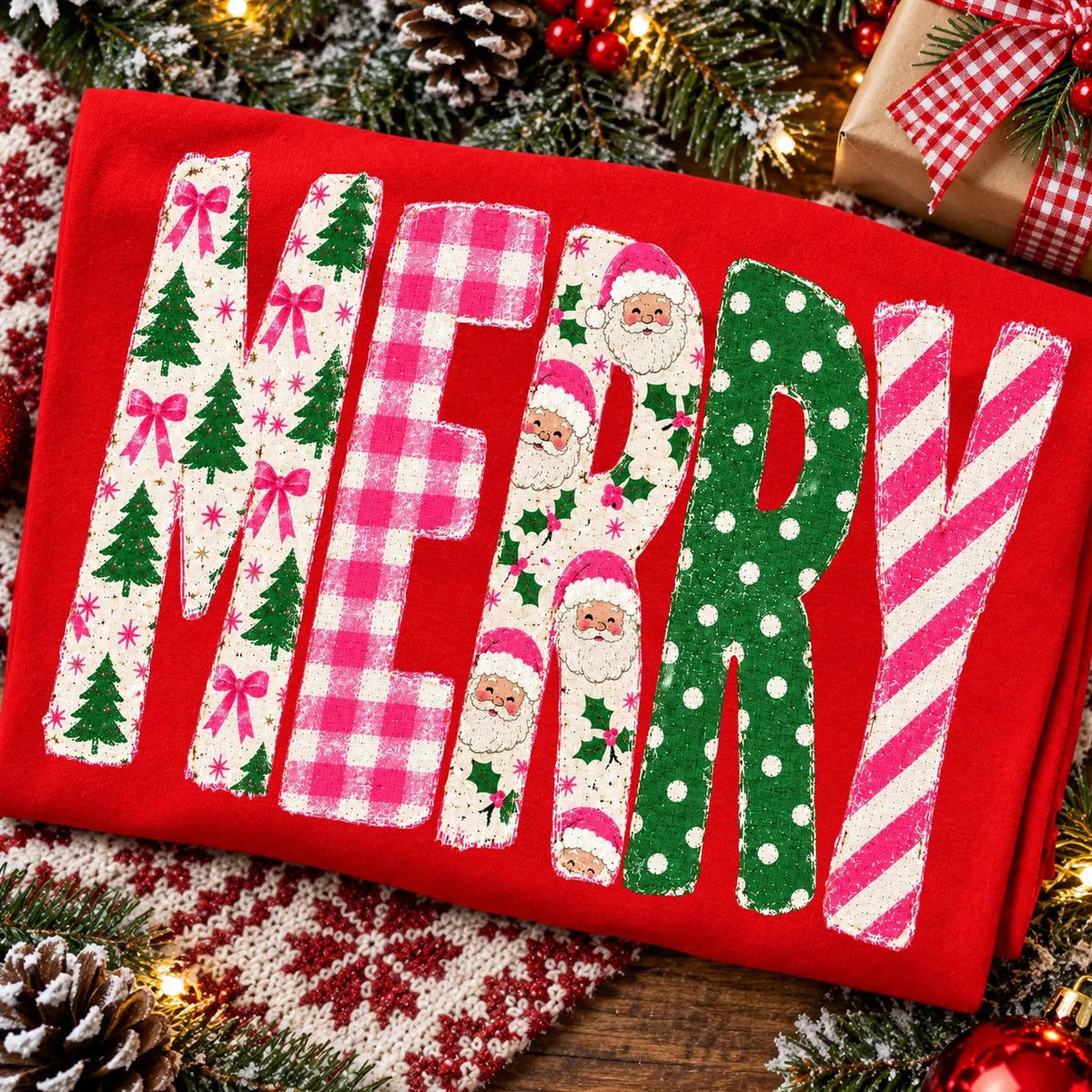 Pink & Merry Patchwork Christmas Red Tee