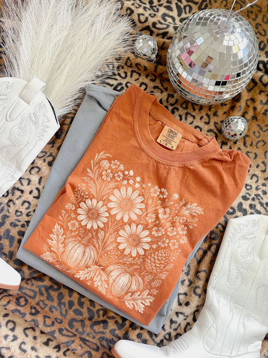 Cream Boho Fall Floral Pumpkin Yam Tee