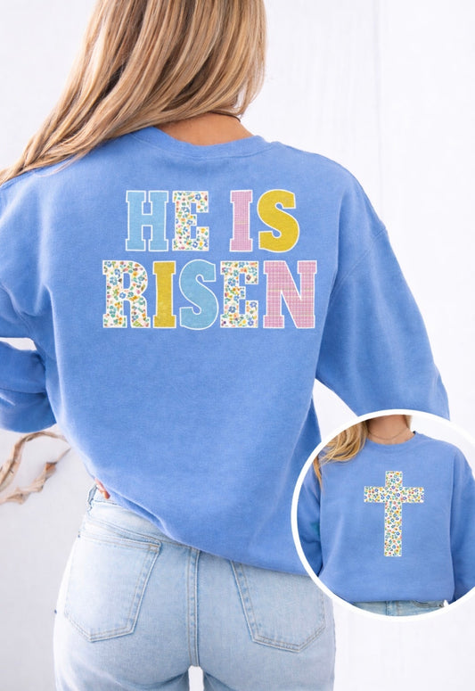 FRONT + BACK Floal Cross He Is Risen Carolina Blue Sweatshirt