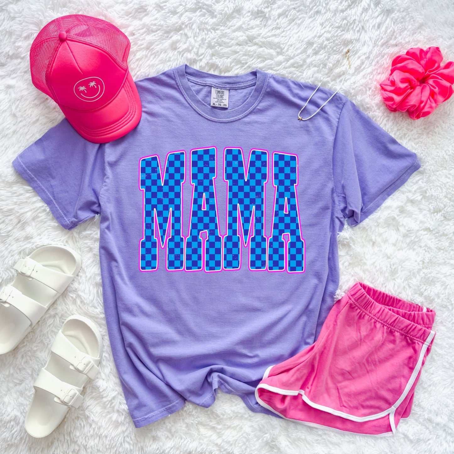 Blue Checkered Mama Block Violet Tee