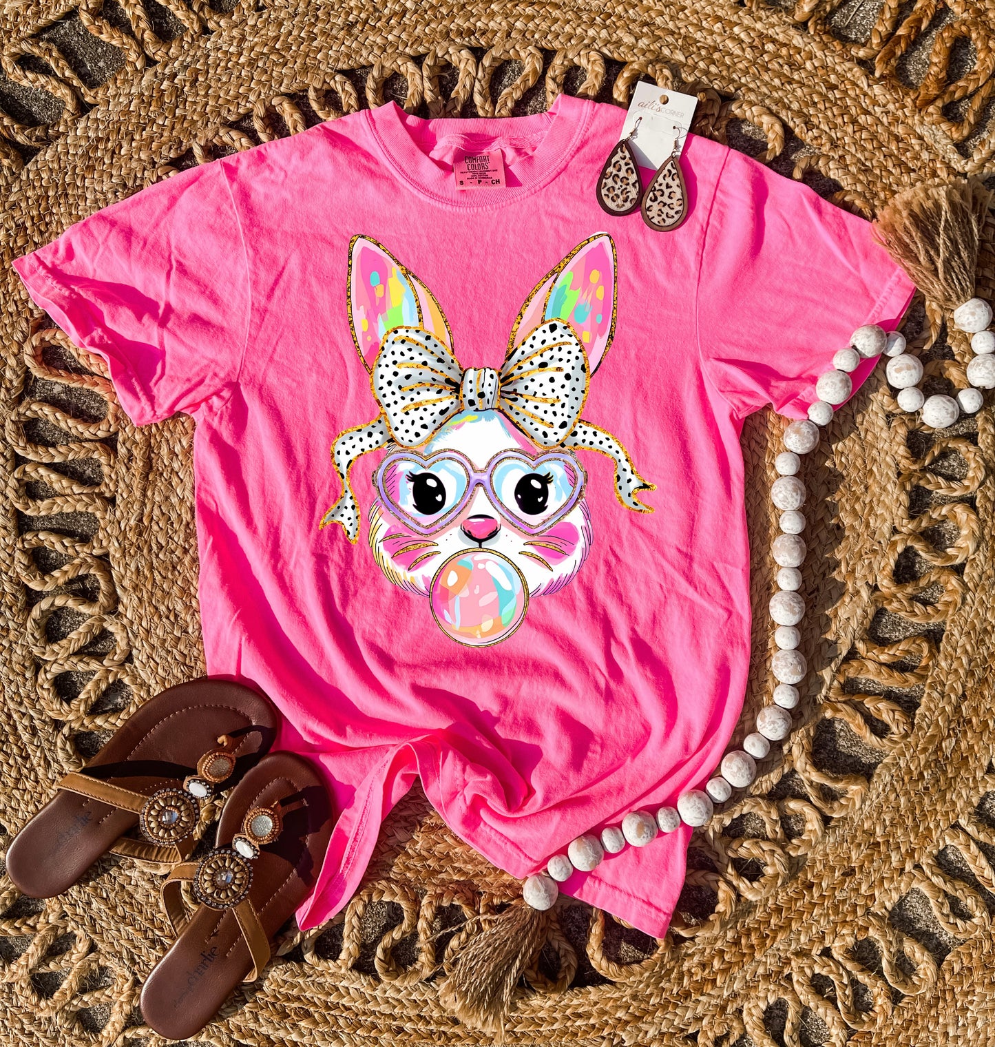 Bubble Gum Bunny With Dalmatian Bow Hot Pink Tee