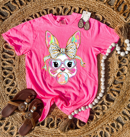 Bubble Gum Bunny With Dalmatian Bow Hot Pink Tee