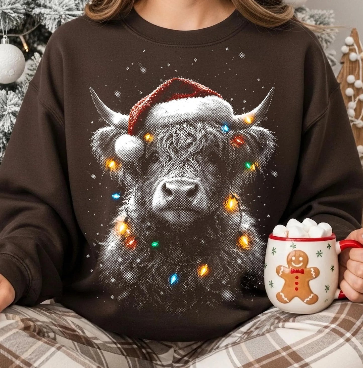 **DEAL OF THE DAY** Halftone Christmas Tree Highland Cow Chocolate Sweatshirt