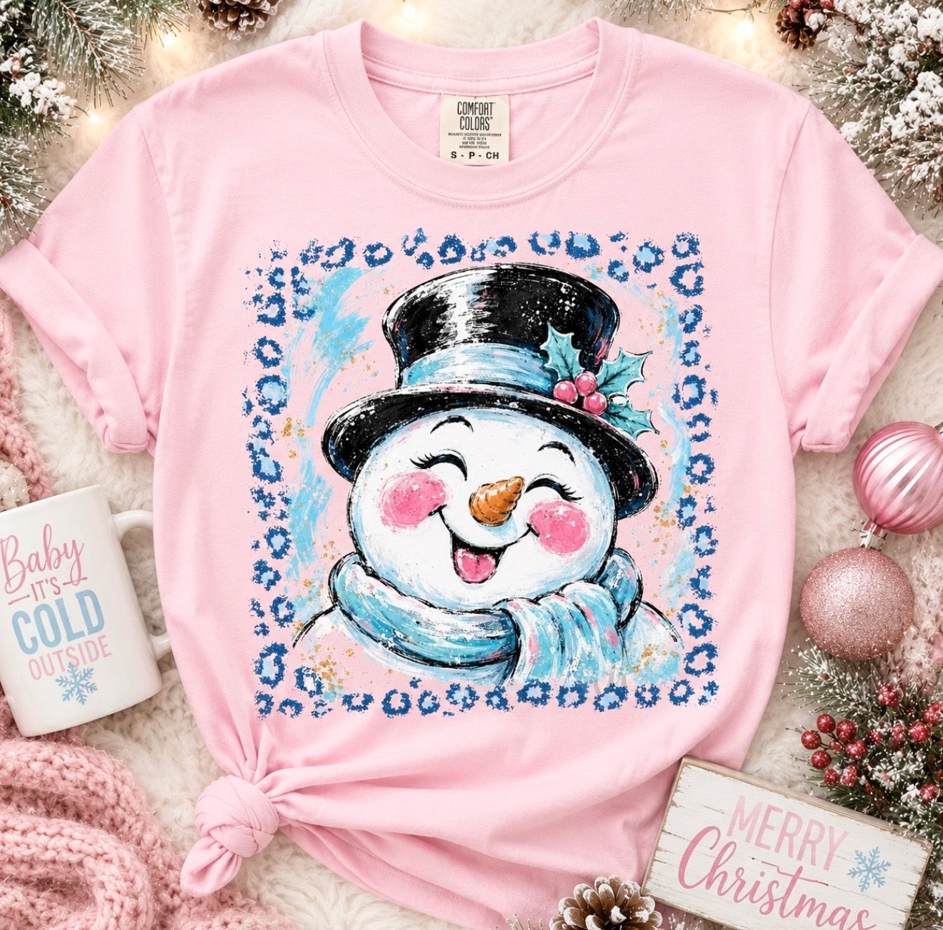 **CHRISTMAS IN JULY** Leopard Square Cutesy Snowman Blossom Tee