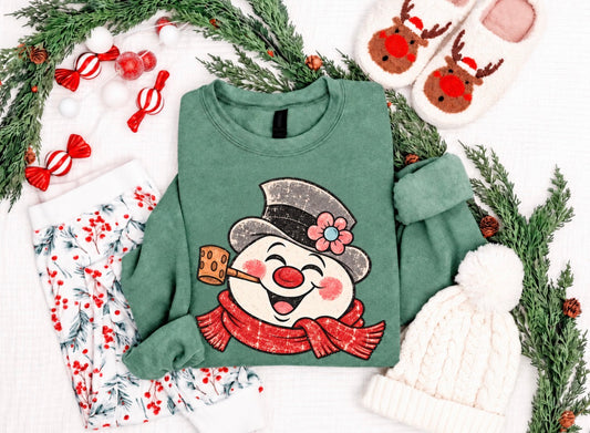 **DEAL OF THE DAY** Retro Snowman Heather Green Sweatshirt **FINAL SALE**