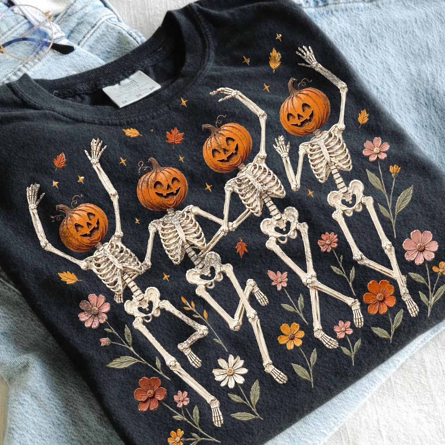 Floral & Pumpkin Dancing Skeleton Black Tee