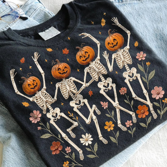 Floral & Pumpkin Dancing Skeleton Black Tee