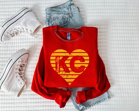 **HALFTIME DEAL** Distressed Lined Vertical Kansas City Heart Red Sweatshirt