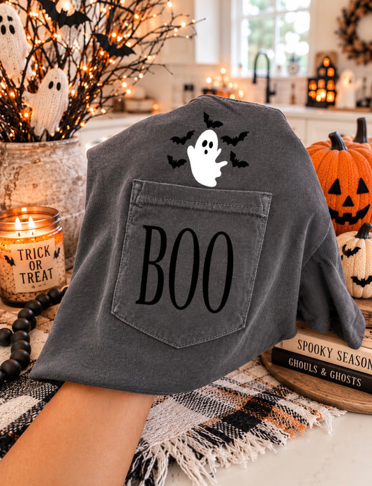 Left Pocket Design Bold Boo With Ghosts Pepper Pocket Tee