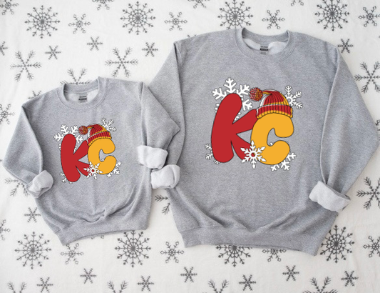 **HALFTIME DEAL** KC Football Snowflakes & Stocking Hat Sports Grey Sweatshirt