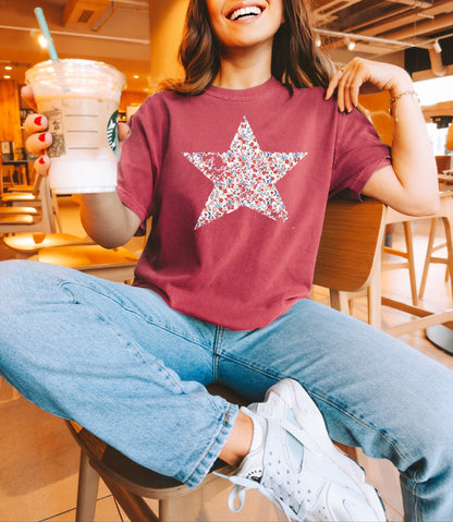 Red & Blue Floral Star Crimson Tee