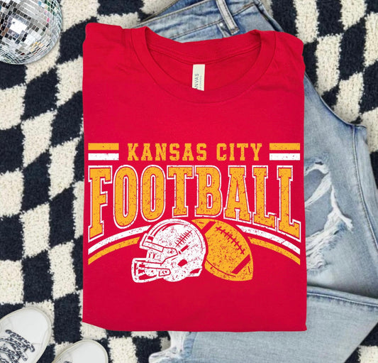 **HALFTIME DEAL** Red & Gold Distressed Kansas City Football White Helmet & Gold Football Red Tee