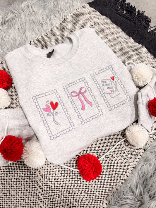 **EMBROIDERED** PS I Love You Valentine Stamps Ash Sweatshirt