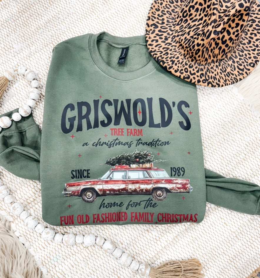 **CHRISTMAS IN JULY** Griswold's Tree Farm Military Green Sweatshirt