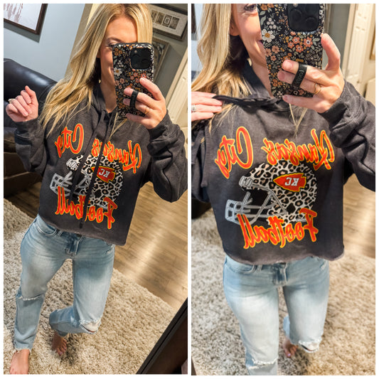 KC Leopard Helmet Football Dark Heather Grey Crop Top Hoodie
