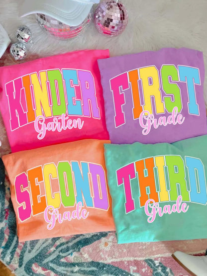 Back To School Block Grade Letters Neon Pink Tee