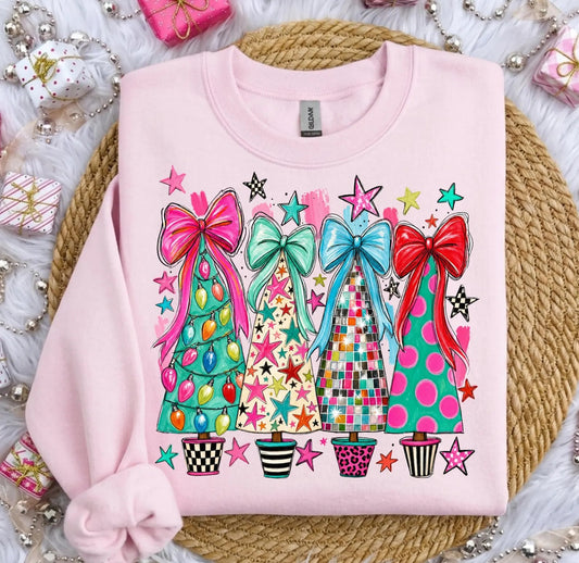 **DEAL OF THE DAY** Whimsical Christmas Tree Bows Light Pink Sweatshirt