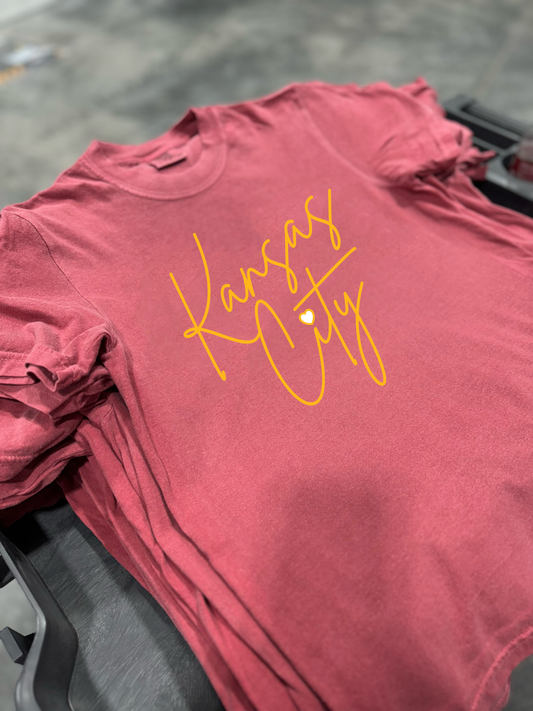 **HALFTIME DEAL** Kansas City Script Gold With White Heart Crimson Tee