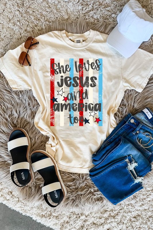 **DEAL OF THE DAY** Striped She Loves Jesus & American Too Ivory Tee