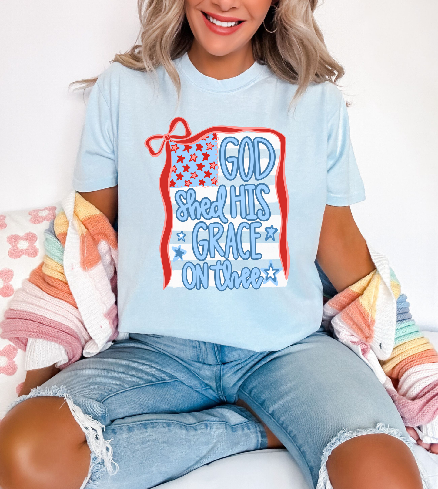 **DEAL OF THE DAY** Red Stars God Shed His Grace On Thee Chambray Tee