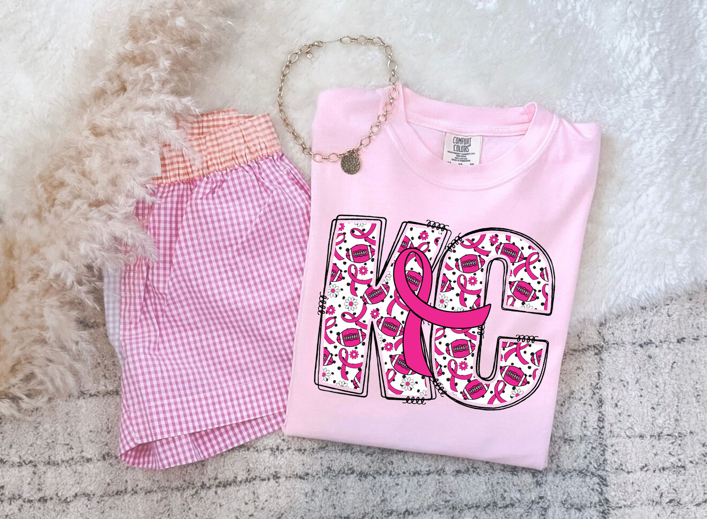 KC Pink Football & Ribbons Heather Blossom Tee