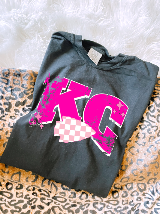 Pink KC Checkered Arrowhead Black Tee