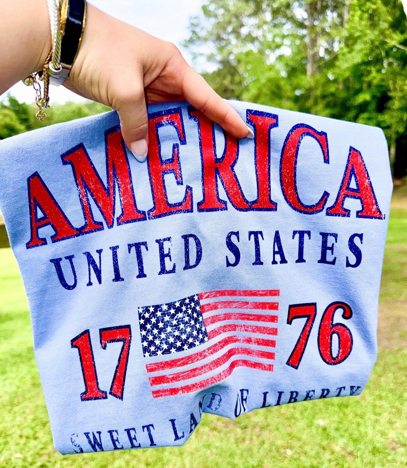 **DEAL OF THE DAY** America 1776 Sweet Land of Liberty Washed Denim Tee