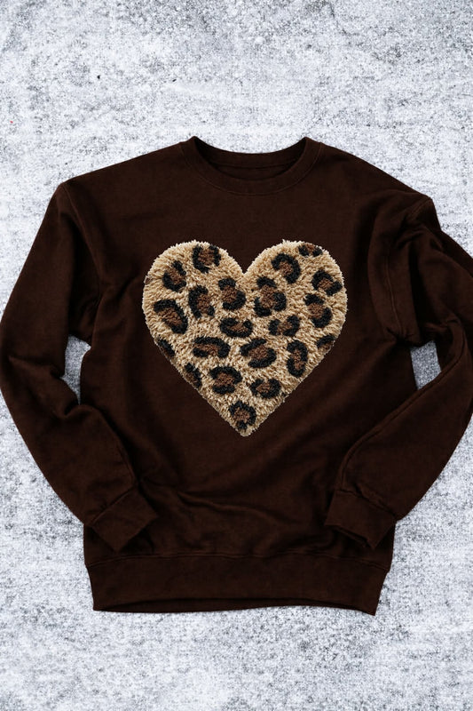 Faux Leopard Yarn Heart Chocolate Sweatshirt