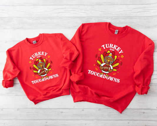**HALFTIME DEAL** White Ink Turkey & Touchdowns Red Sweatshirt