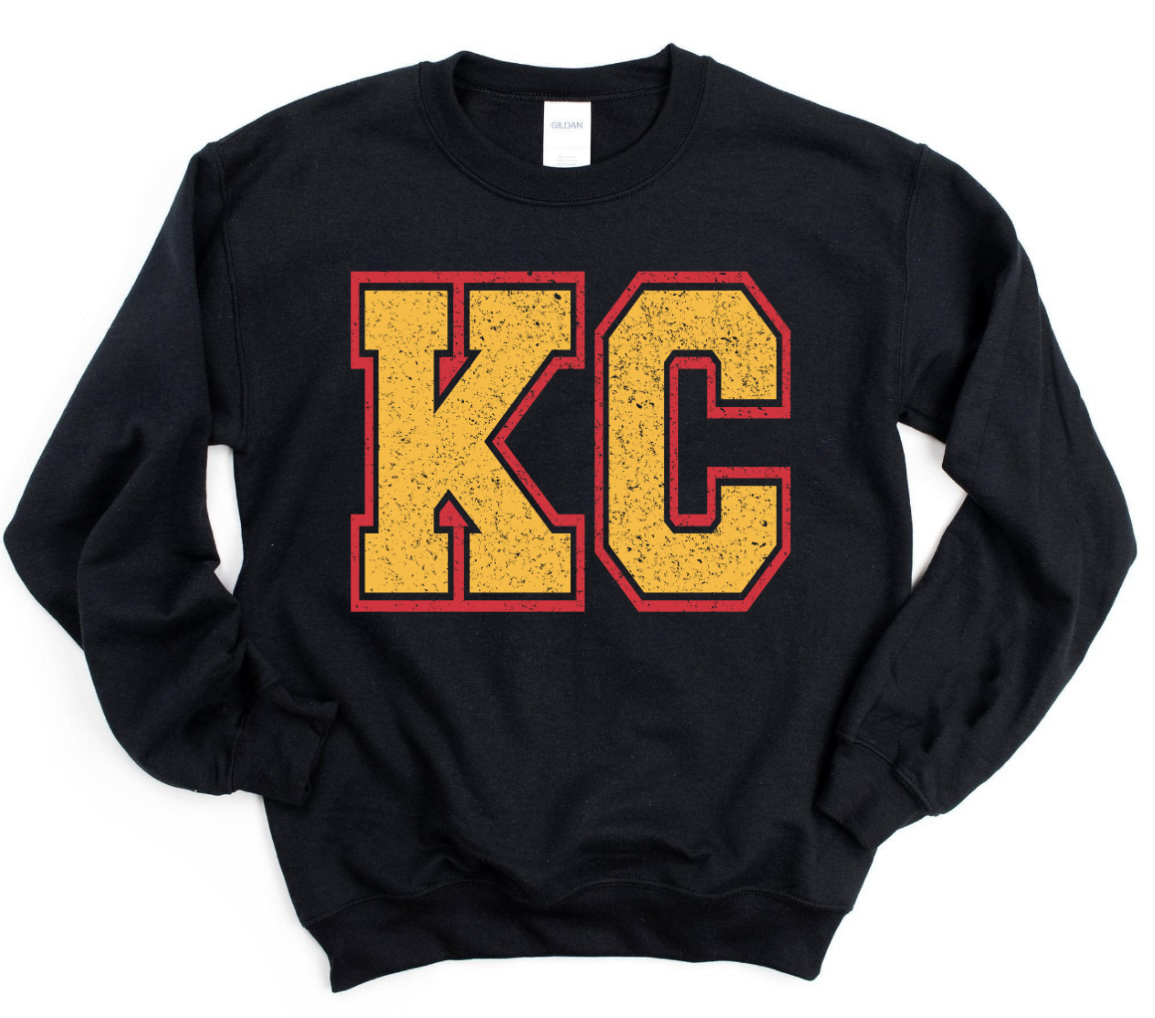 **HALFTIME DEAL** Red & Gold Distressed KC Varsity Black Sweatshirt