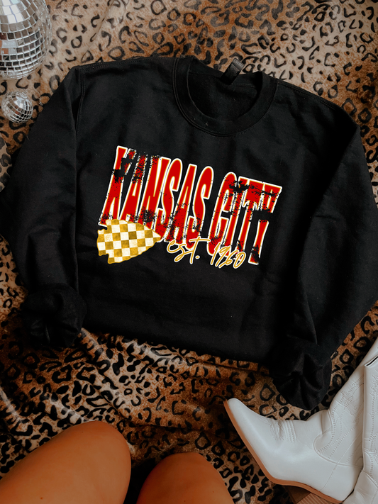 **HALFTIME DEAL** Distressed Red Kansas City Gold Checkered Arrowhead Black Sweatshirt