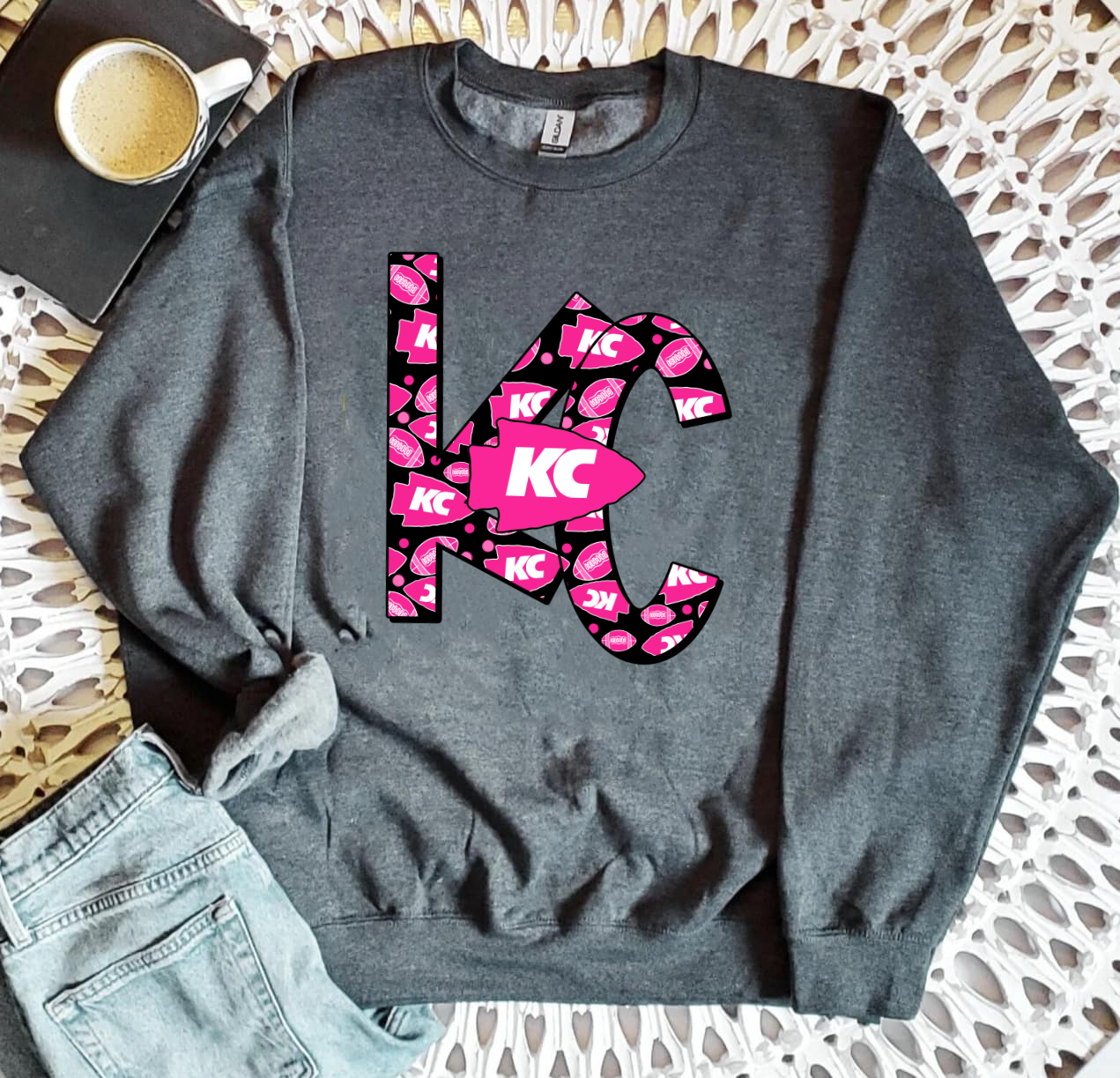 Bright Pink White KC Repeat Arrowhead Dark Heather Sweatshirt