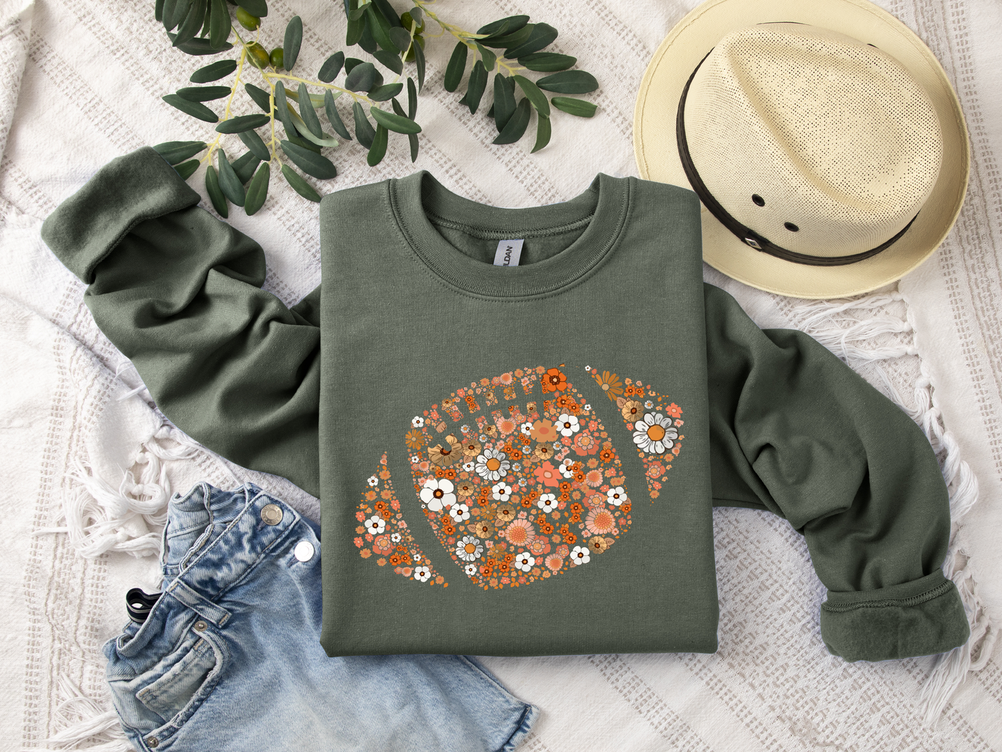 Floral Football Military Green Sweatshirt