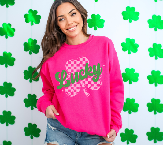 **DEAL OF THE DAY** Pink Checkered Shamrock Lucky Heliconia Sweatshirt