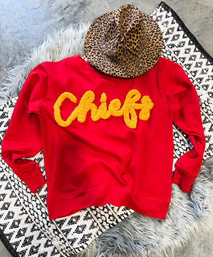 **PREORDER** Gold Chenille Script Embroidered Red Sweatshirt