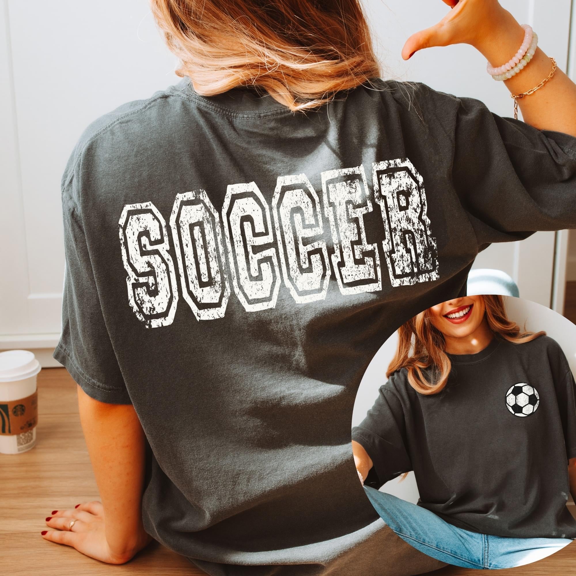 FRONT + BACK Distressed Soccer Pepper Tee