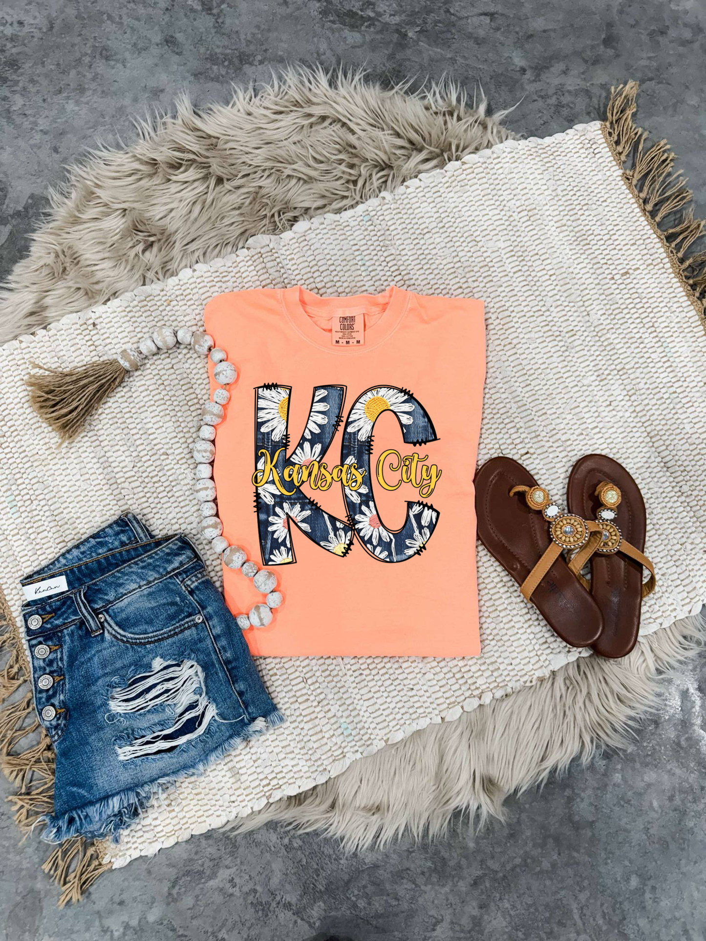 Dark Blue Daisy KC Kansas City Neon Cantaloupe Tee