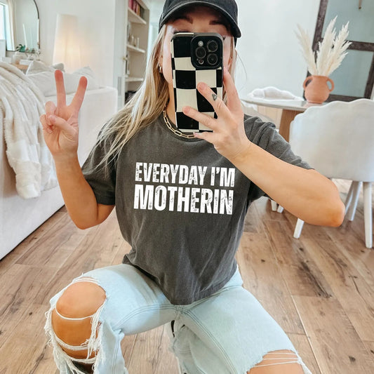 White Distressed Everyday I’m Motherin Pepper Tee